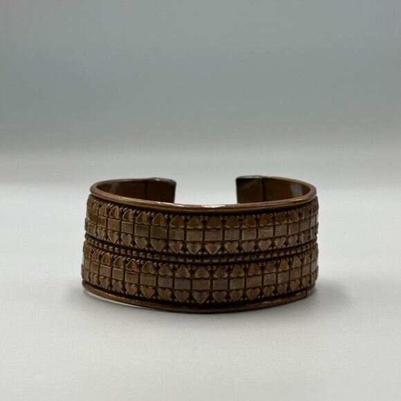 Copper Cuff Bracelet Embossed Heart Pattern Textured Wide Band Boho 7.5" - Picture 5 of 9